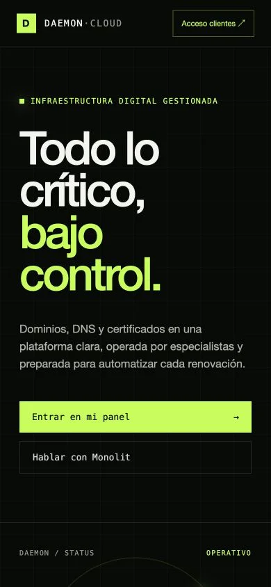 Web de DaemonCloud en móvil: presentación pública