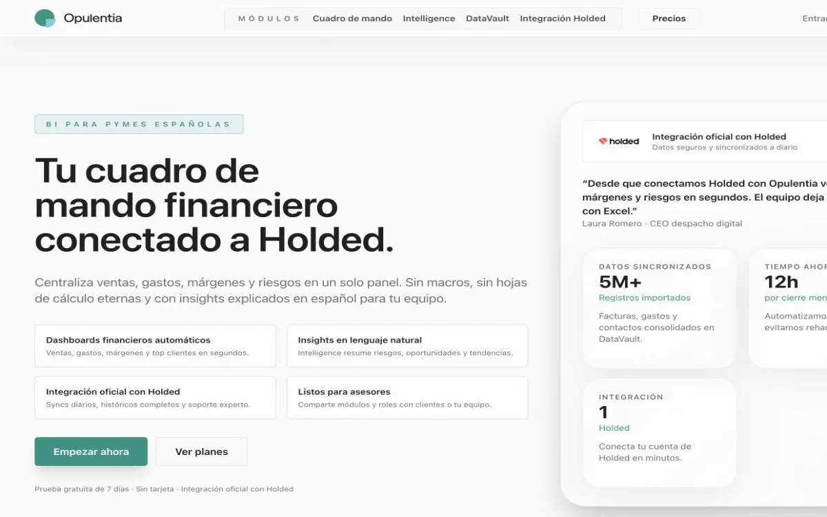 Home de Opulentia con su cuadro de mando financiero