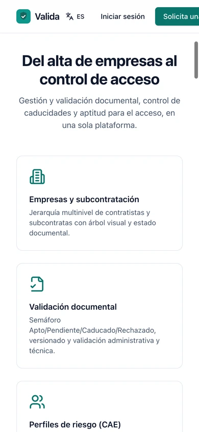Web de Valida en móvil: funcionalidades