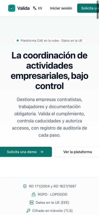 Web de Valida en móvil: portada
